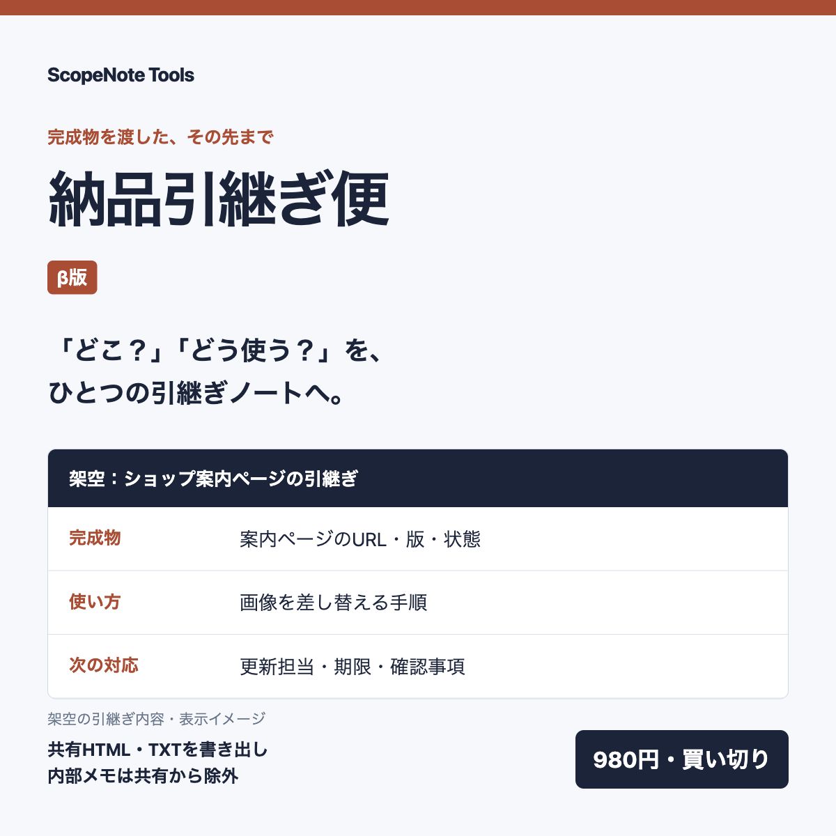 納品引継ぎ便。完成物、使い方、次の対応をまとめる引継ぎノート。